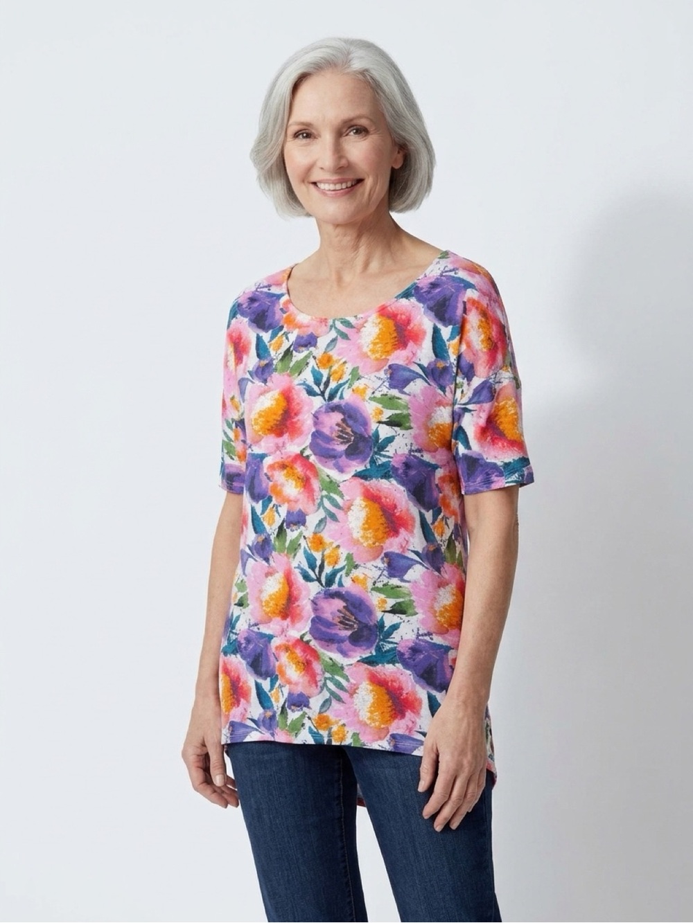 Agnes & Dora Bright Floral Scoop Neck Tee in Purple, Pink, Yellow